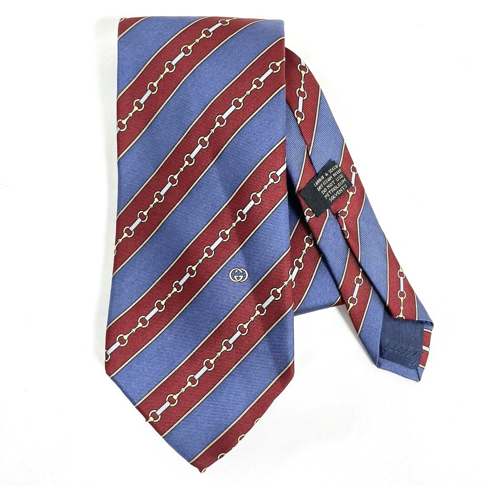 GUCCI 100% Silk Tie Red Blue Diagonal Stripe Gold Silver Chain Horsebit Italy - Picture 2 of 11
